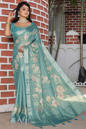 Beautiful Rama Green Tissue Handloom Saree with Detailed Digital Floral Embellishments