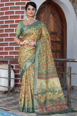 Beautiful Sage Green Tissue Handloom Saree with Detailed Digital Floral Embellishments