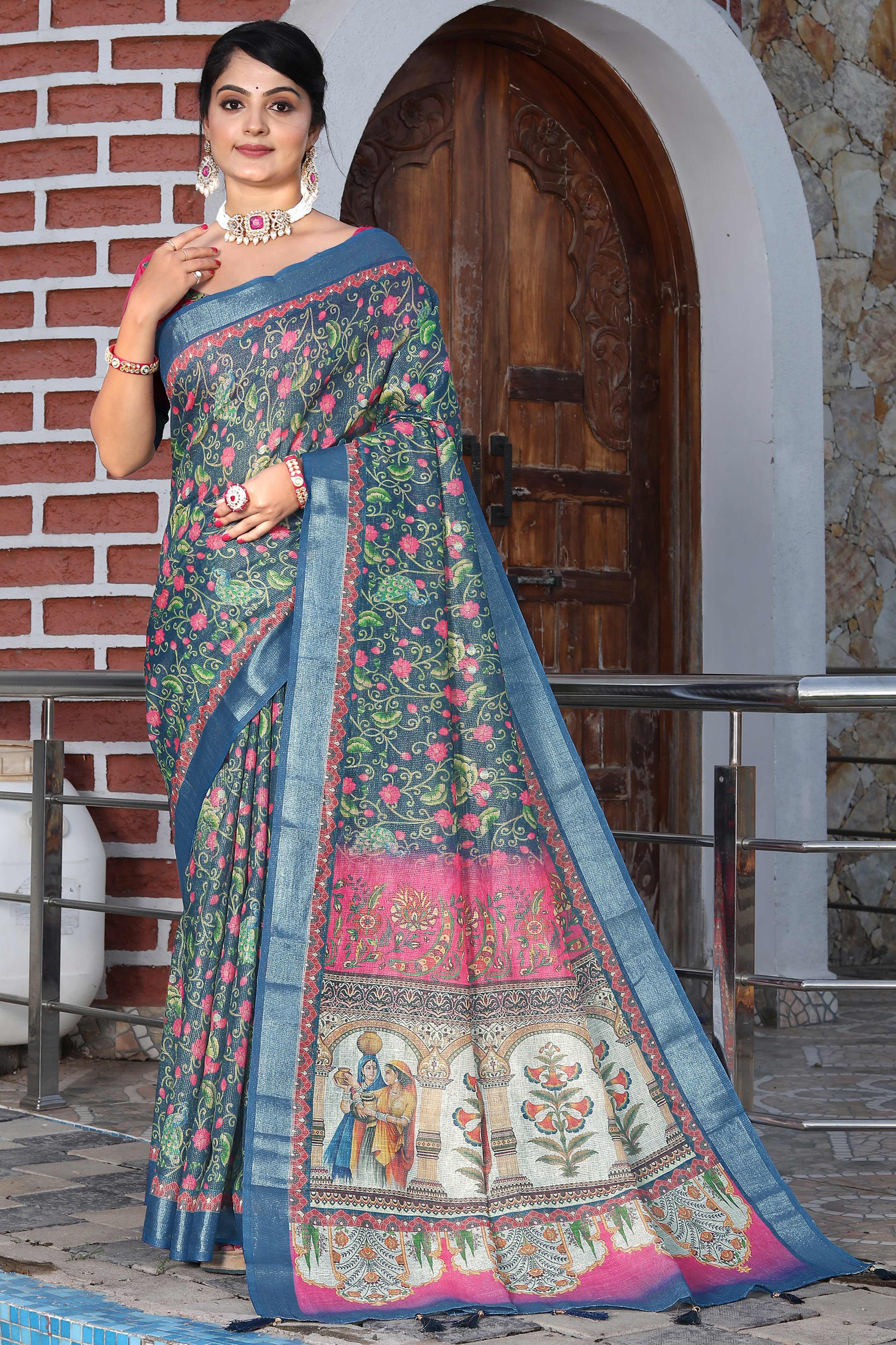 Beautiful Blue Tissue Handloom Saree with Digital Floral Embellishments