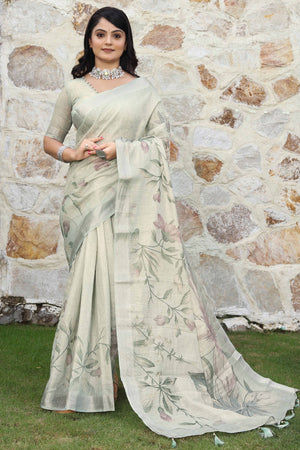 Beautiful Cream Tissue Handloom Saree with Digital Floral Embellishments