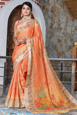 Beautiful Orange Tissue Handloom Saree with Detailed Digital Floral Embellishments