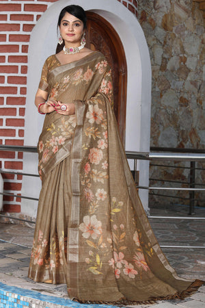 Beautiful Light Brown Tissue Handloom Saree with Detailed Digital Floral Embellishments