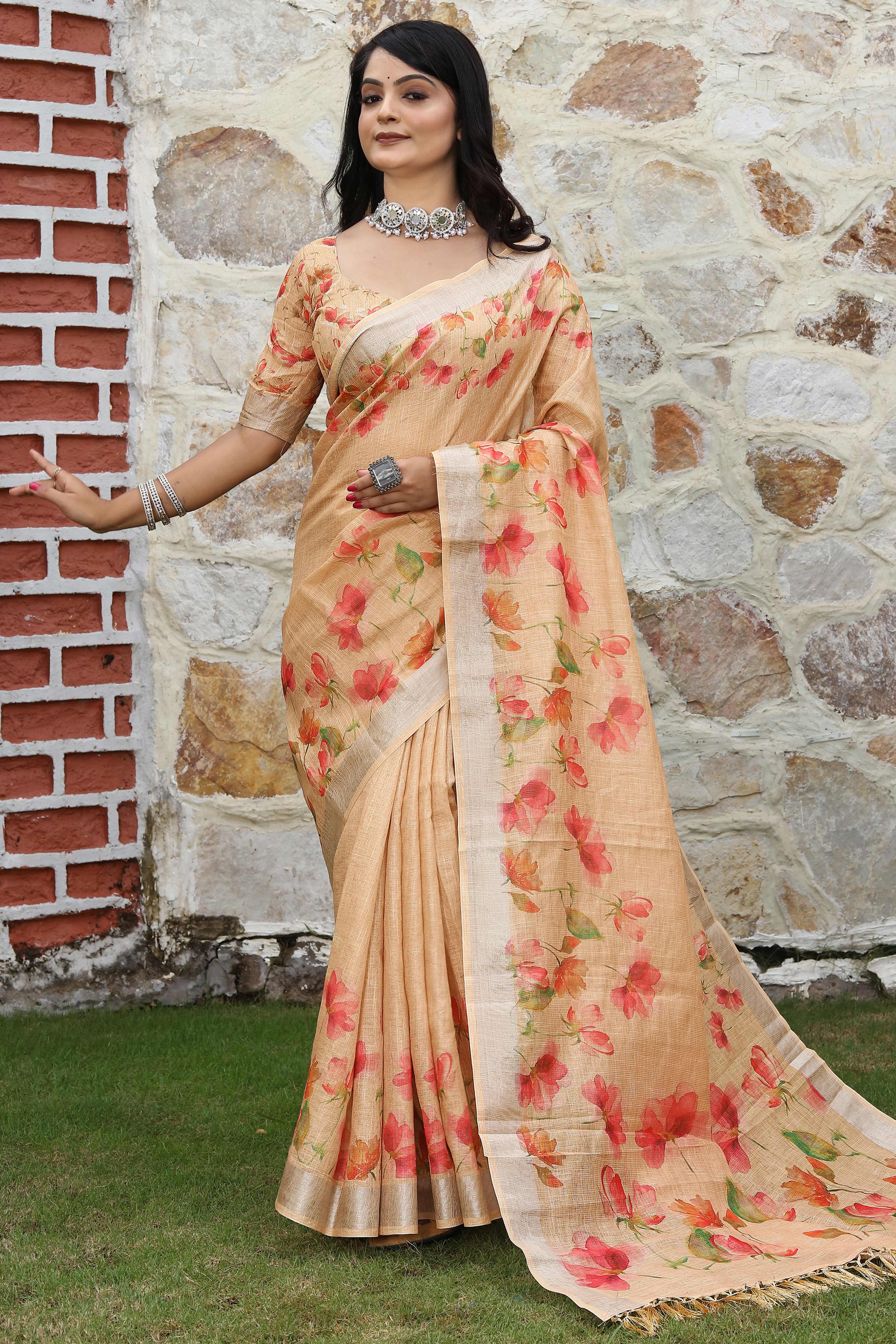 Beautiful Light Peach Tissue Handloom Saree with Digital Floral Embellishments
