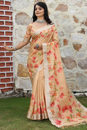 Beautiful Light Peach Tissue Handloom Saree with Digital Floral Embellishments