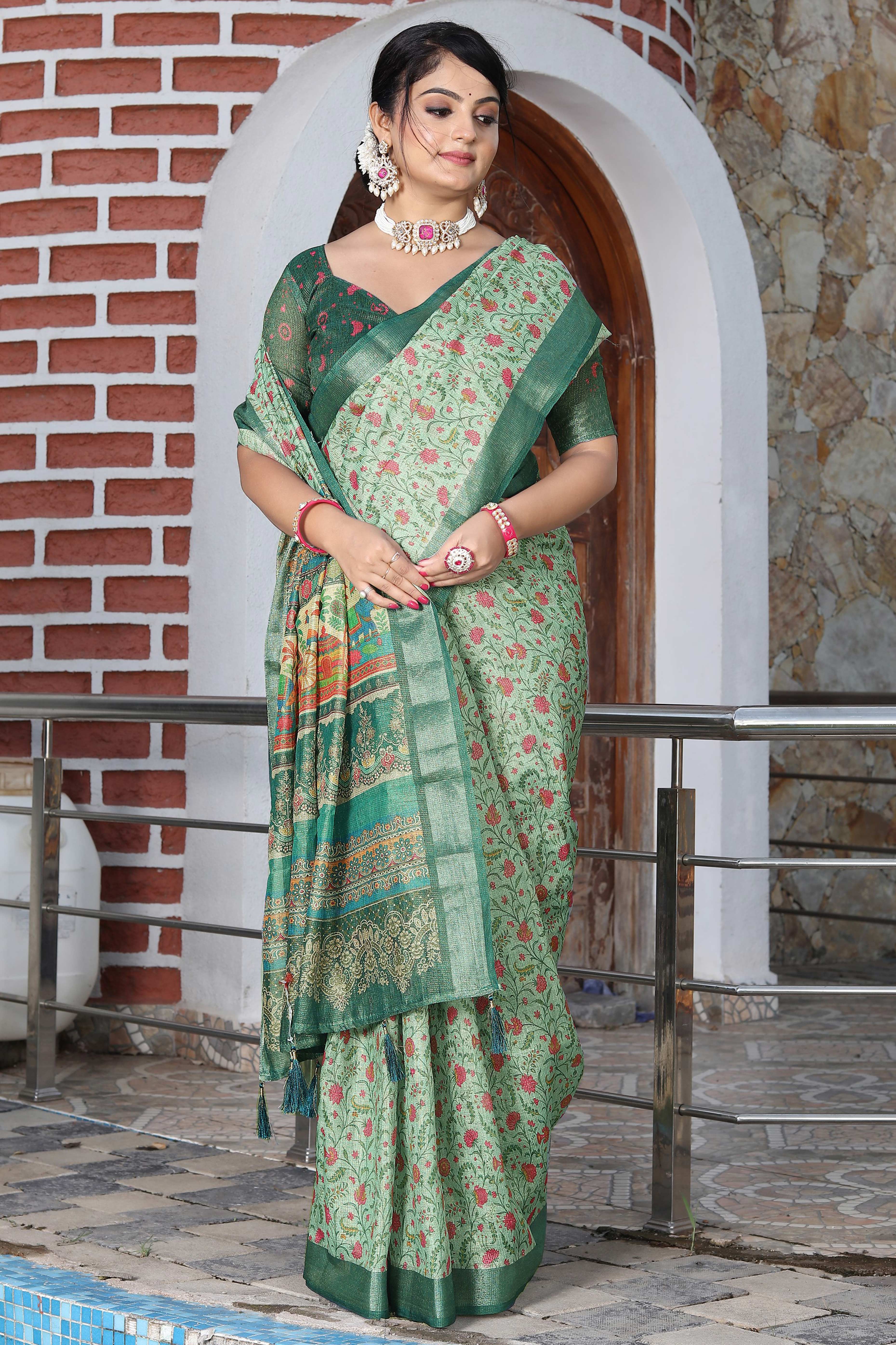 Beautiful Mint Green Tissue Handloom Saree with Digital Floral Embellishments