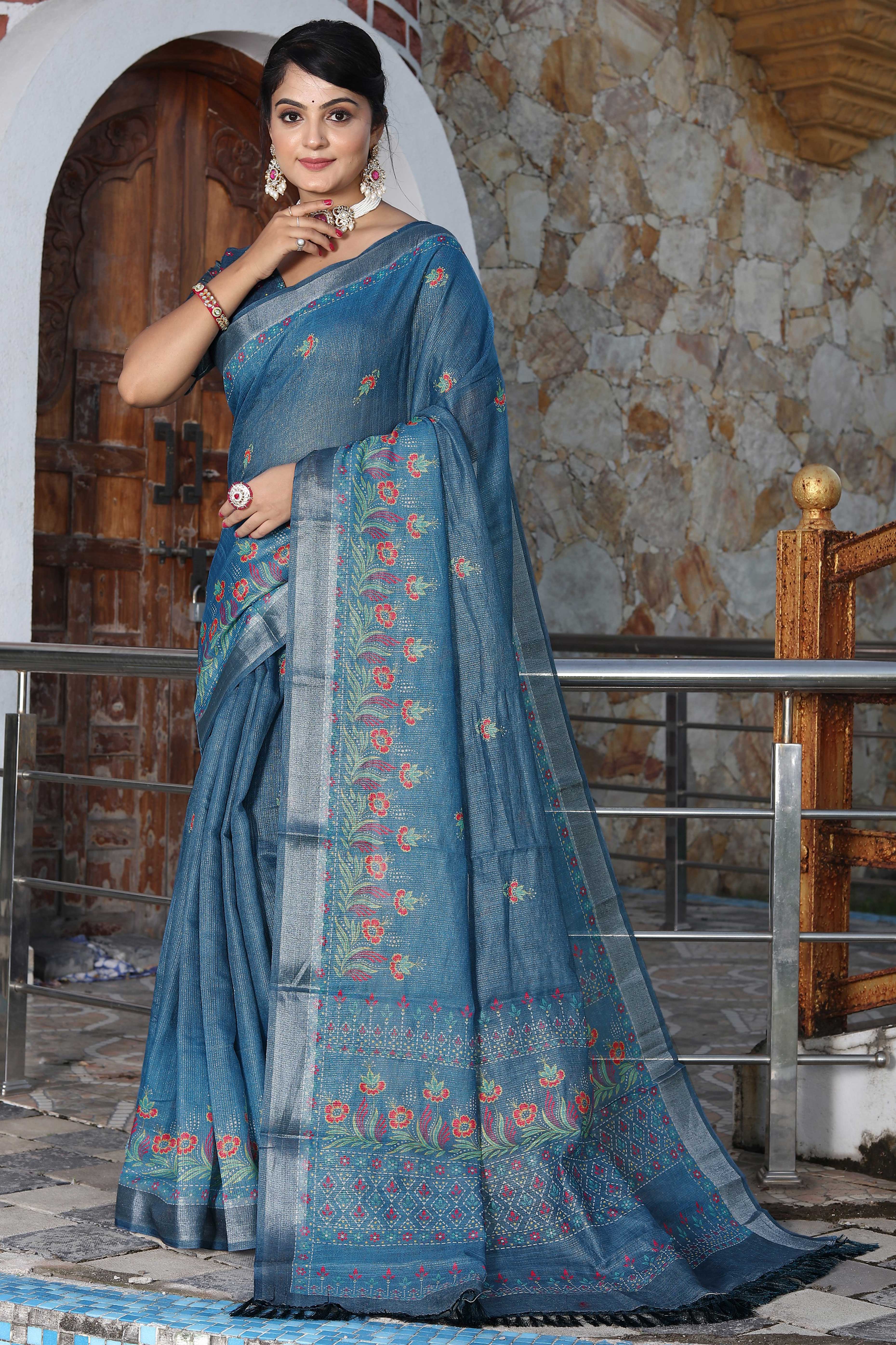 Beautiful Blue Tissue Handloom Saree with Detailed Digital Floral Embellishments