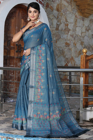 Beautiful Blue Tissue Handloom Saree with Detailed Digital Floral Embellishments