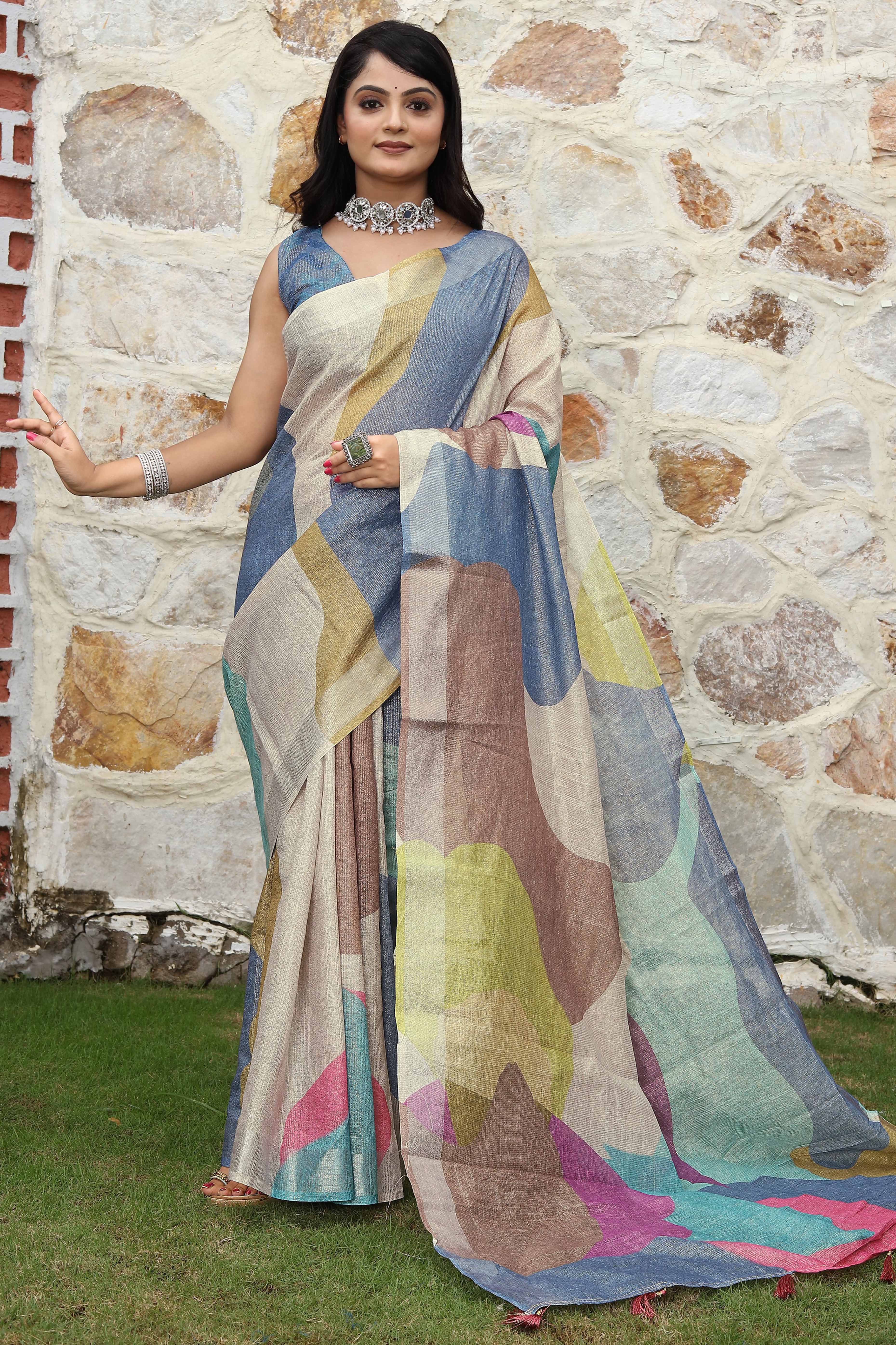 Beautiful Multicolor Tissue Handloom Saree with Detailed Digital Floral Embellishments