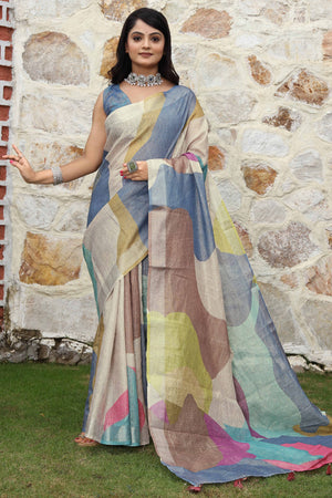 Beautiful Multicolor Tissue Handloom Saree with Detailed Digital Floral Embellishments