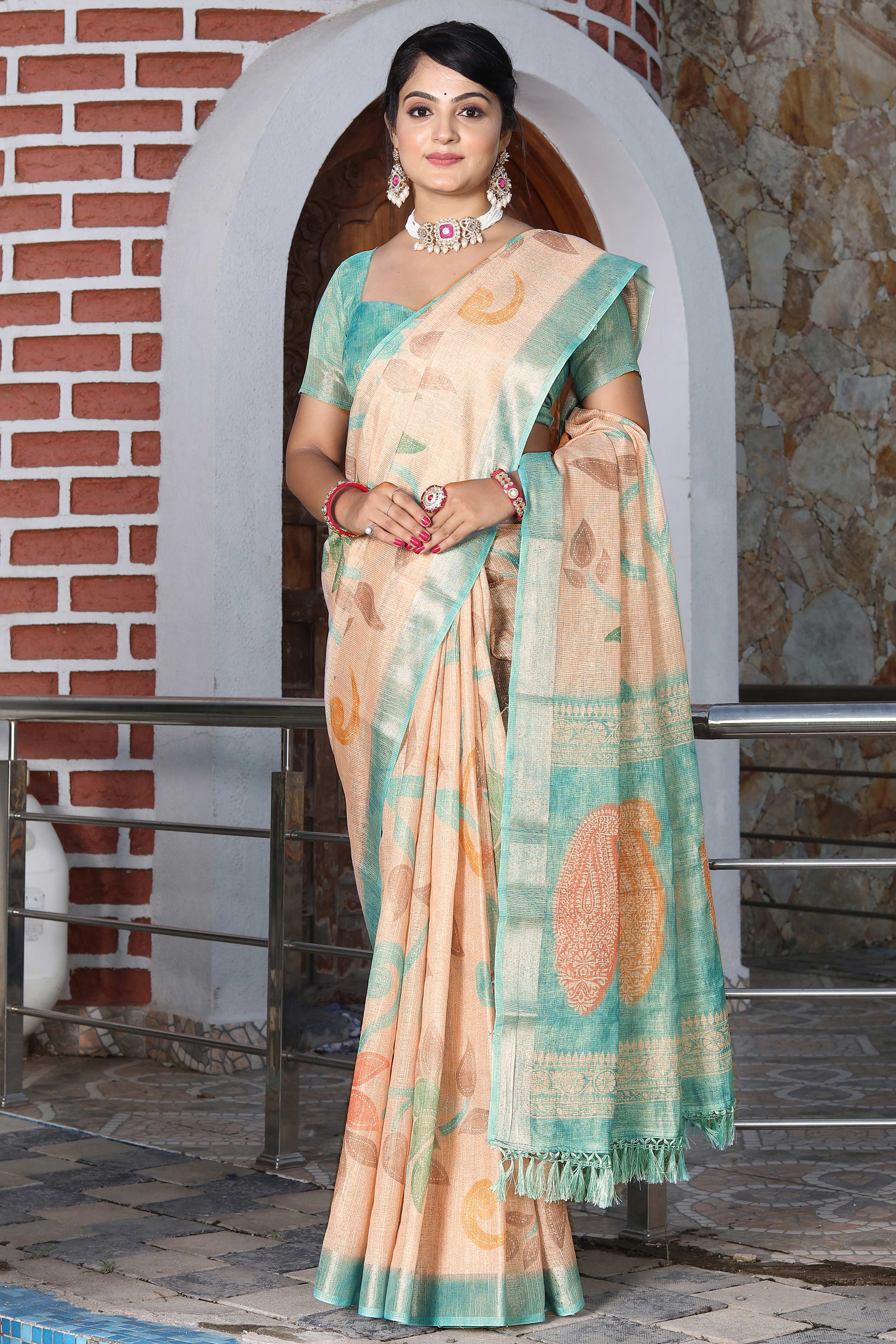Beautiful Light Peach Tissue Handloom Saree with Detailed Digital Floral Embellishments