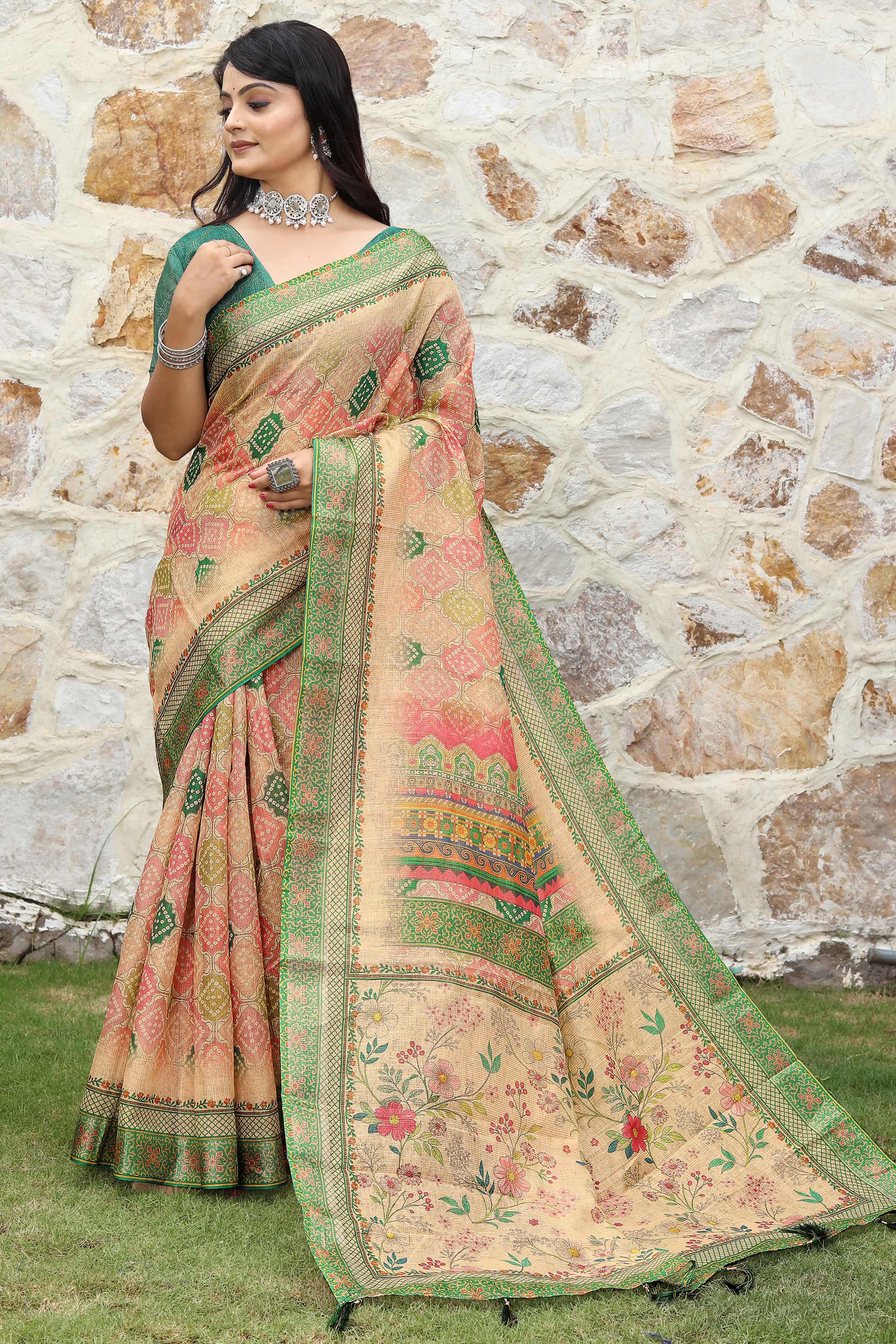 Beautiful Beige Tissue Handloom Saree with Detailed Digital Floral Embellishments