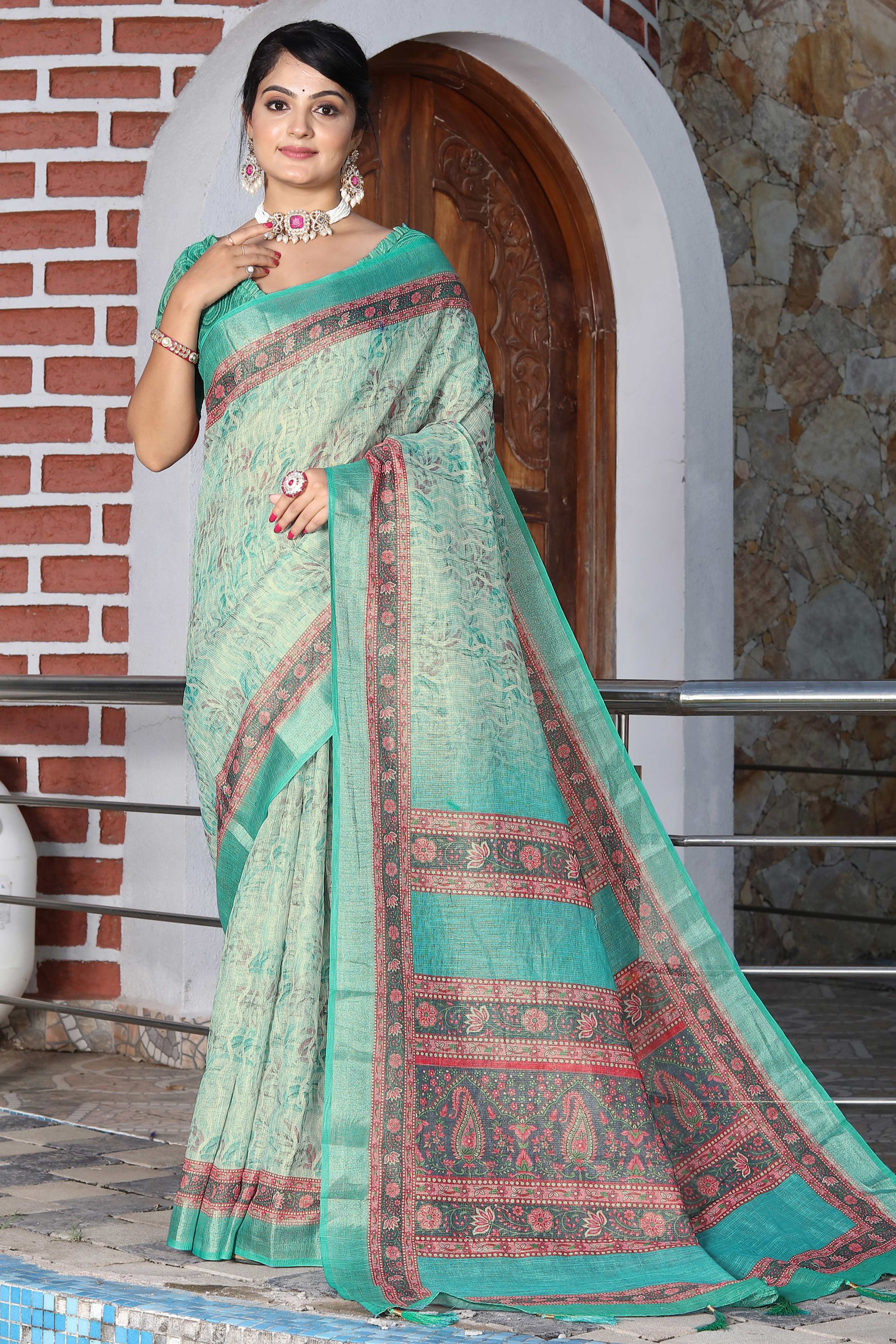 Beautiful Mint Green Tissue Handloom Saree with Detailed Digital Floral Embellishments