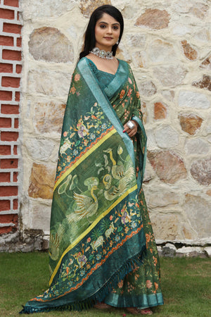 Beautiful GreenTissue Handloom Saree with Detailed Digital Floral Embellishments