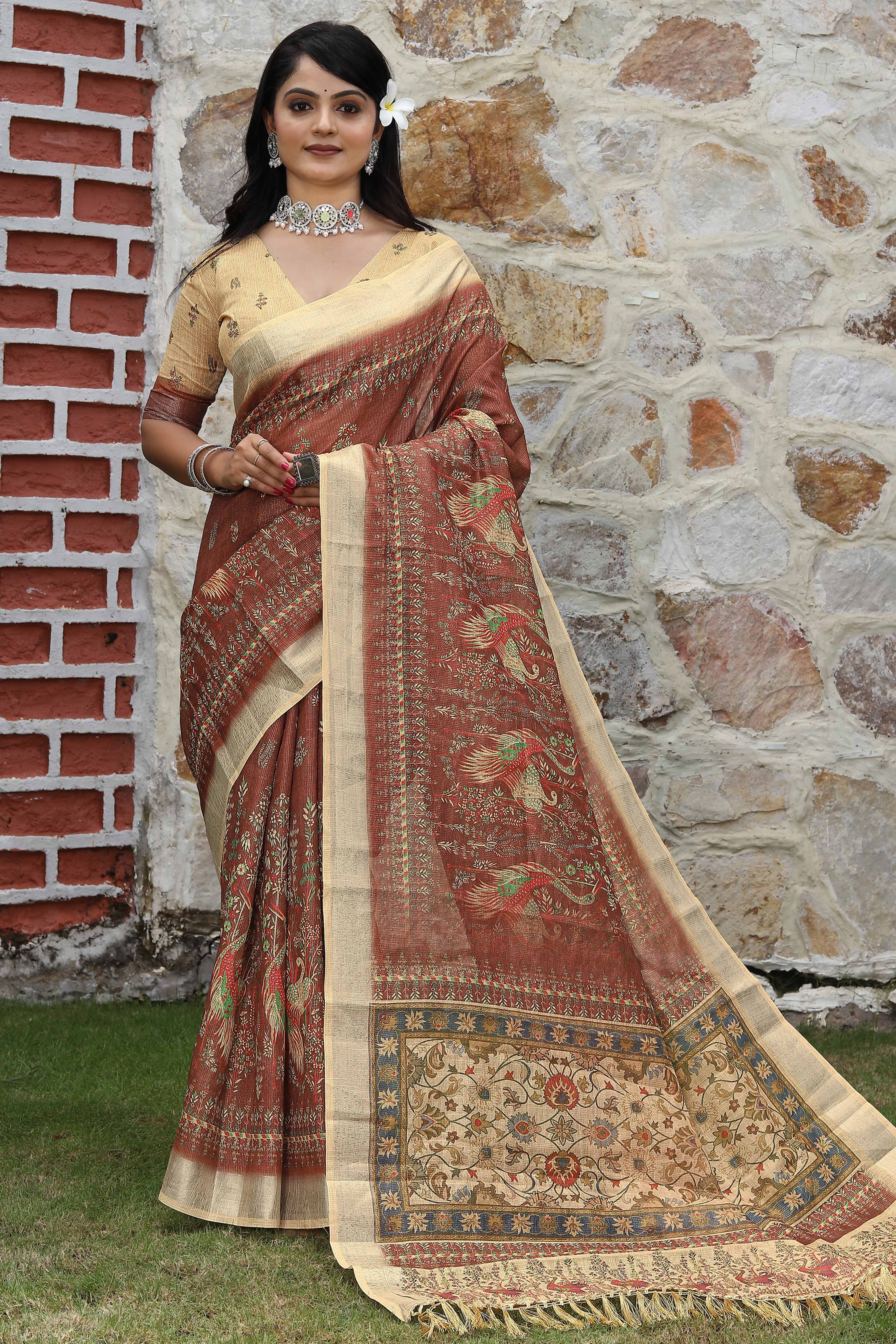 Beautiful Brown Tissue Handloom Saree with Detailed Digital Floral Embellishments