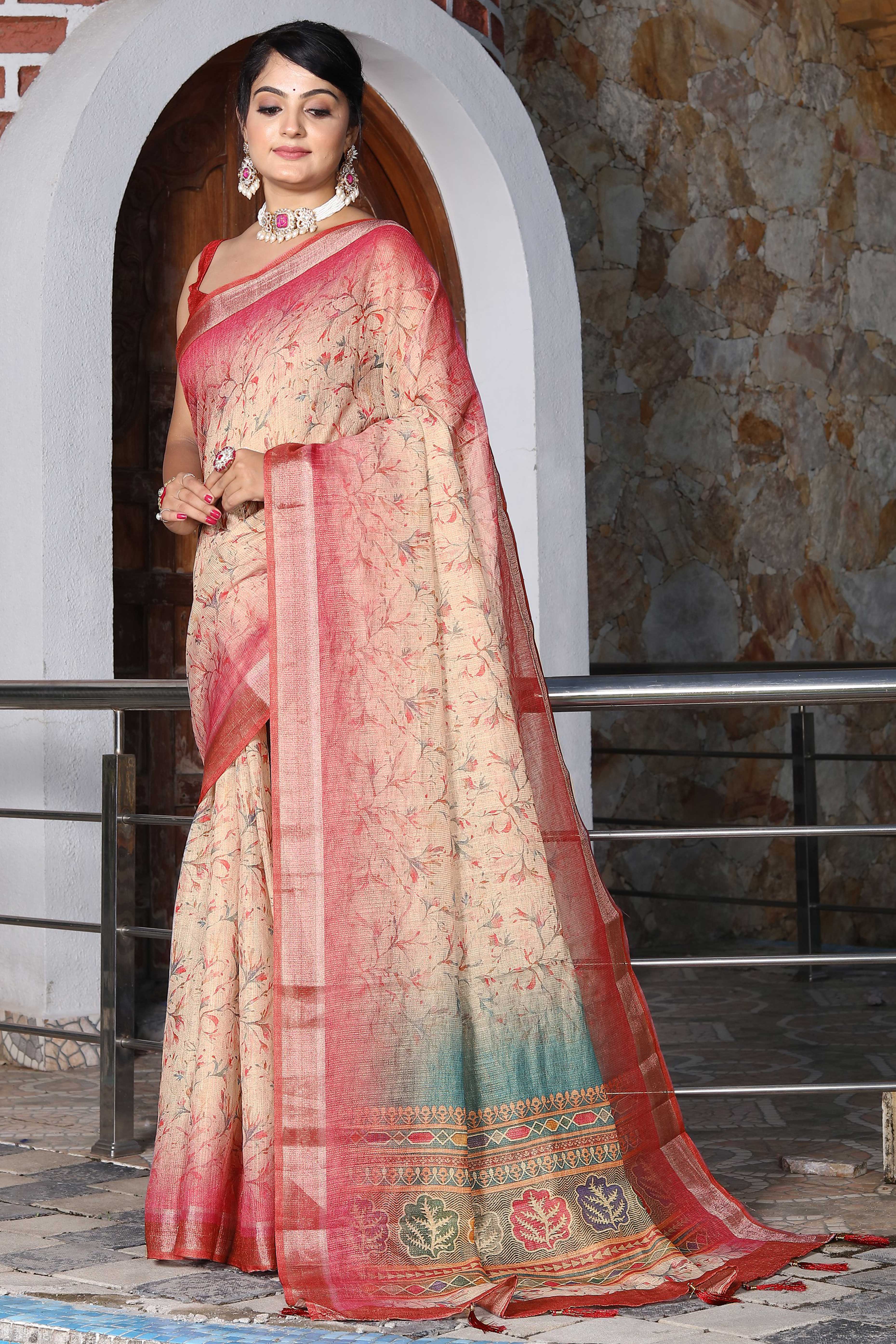 Beautiful Cream Tissue Handloom Saree with Detailed Digital Floral Embellishments