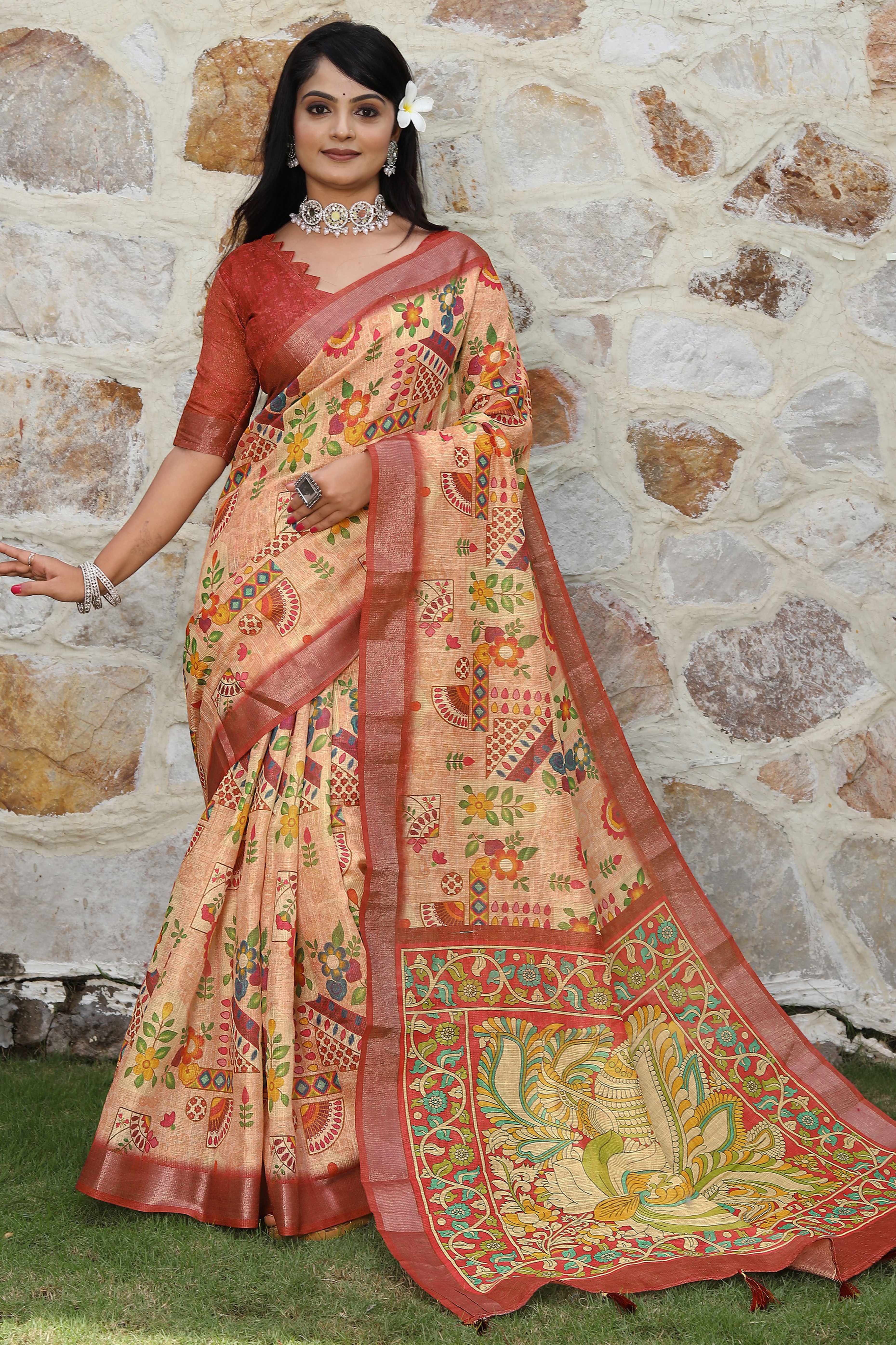 Beautiful Peach Tissue Handloom Saree with Detailed Digital Floral Embellishments
