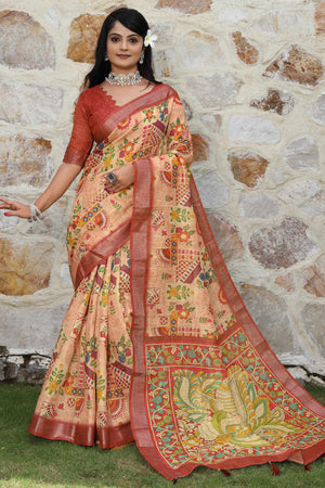 Beautiful Peach Tissue Handloom Saree with Detailed Digital Floral Embellishments
