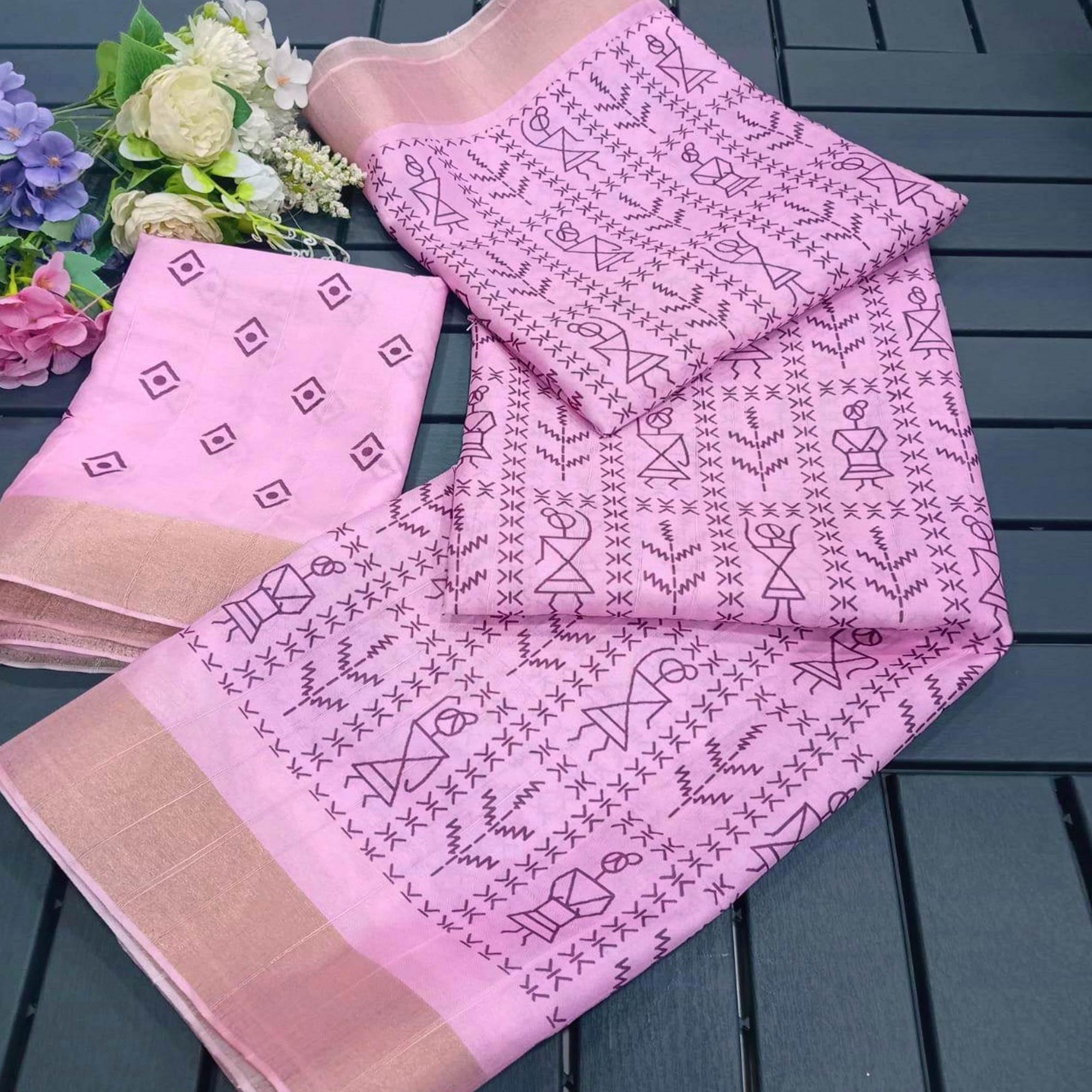 Pink Digital Printed Dola Silk Saree With Jacquard Zari Border
