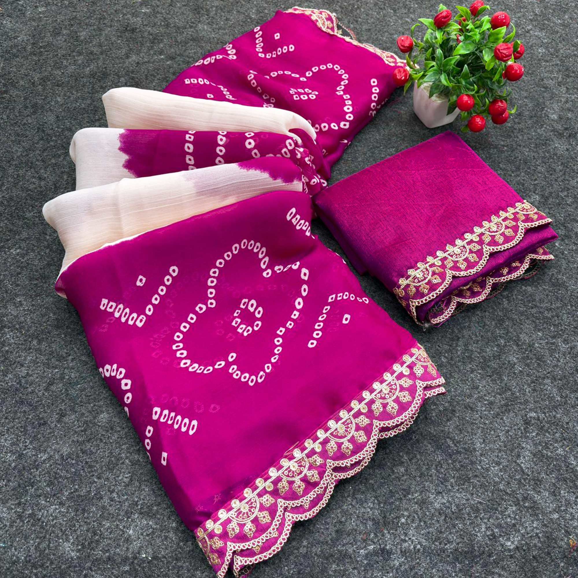 Pink & White Traditional Bandhani Printed Moss Chiffon Saree with Shimmering Sequins Work