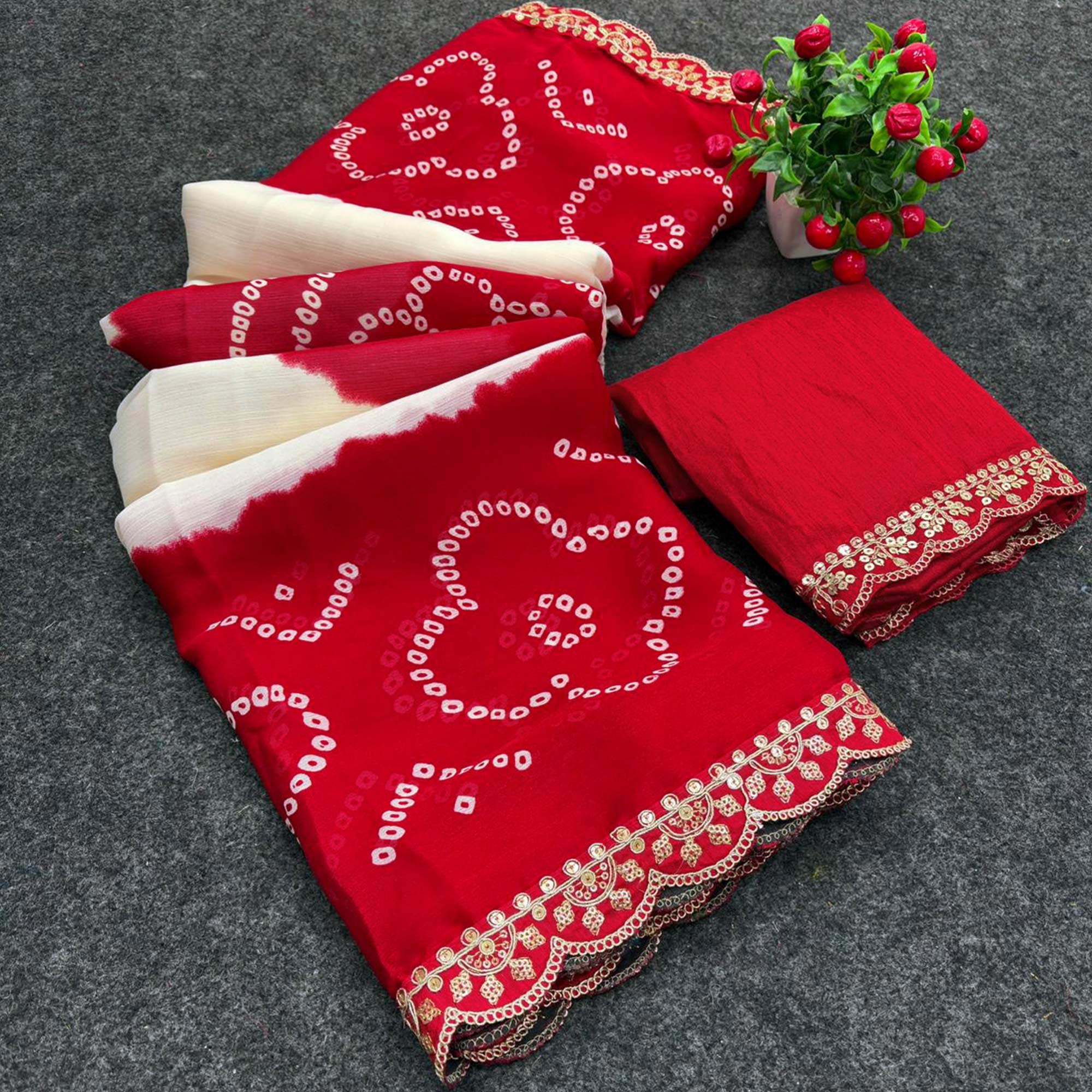 Red & White Traditional Bandhani Printed Moss Chiffon Saree with Shimmering Sequins Work