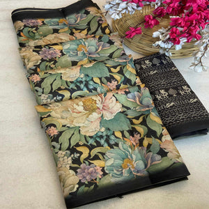 Black Floral Digital Printed Cotton Handloom Silk Saree