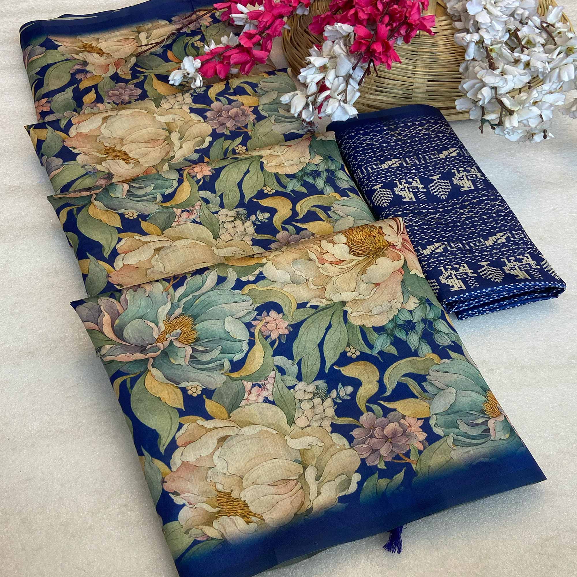 Blue Floral Digital Printed Cotton Handloom Silk Saree