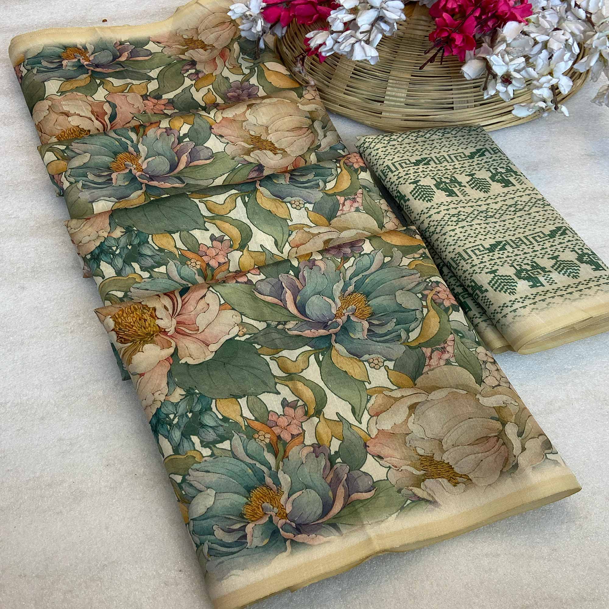 Cream Floral Digital Printed Cotton Handloom Silk Saree