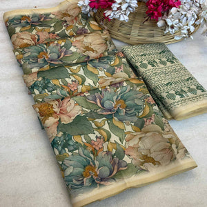 Cream Floral Digital Printed Cotton Handloom Silk Saree