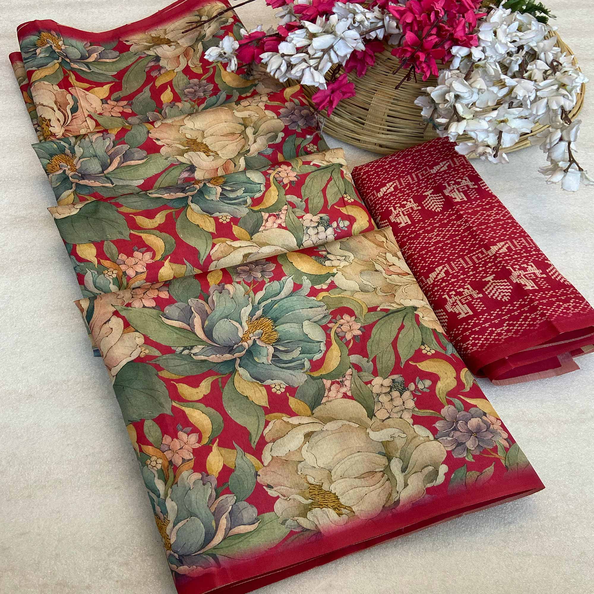 Pink Floral Digital Printed Cotton Handloom Silk Saree