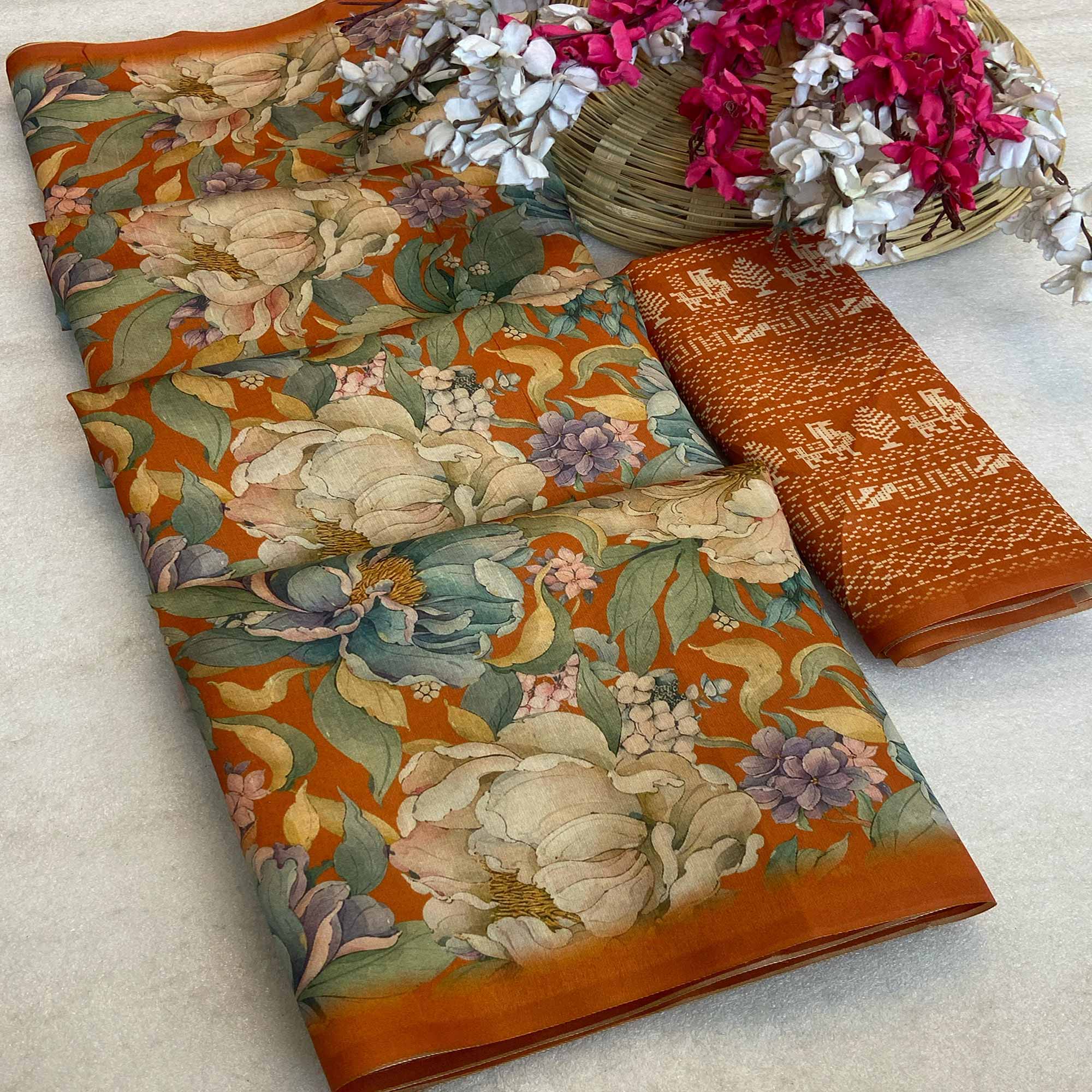 Rust Orange Floral Digital Printed Cotton Handloom Silk Saree