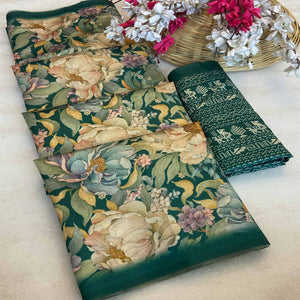 Teal Green Floral Digital Printed Cotton Handloom Silk Saree
