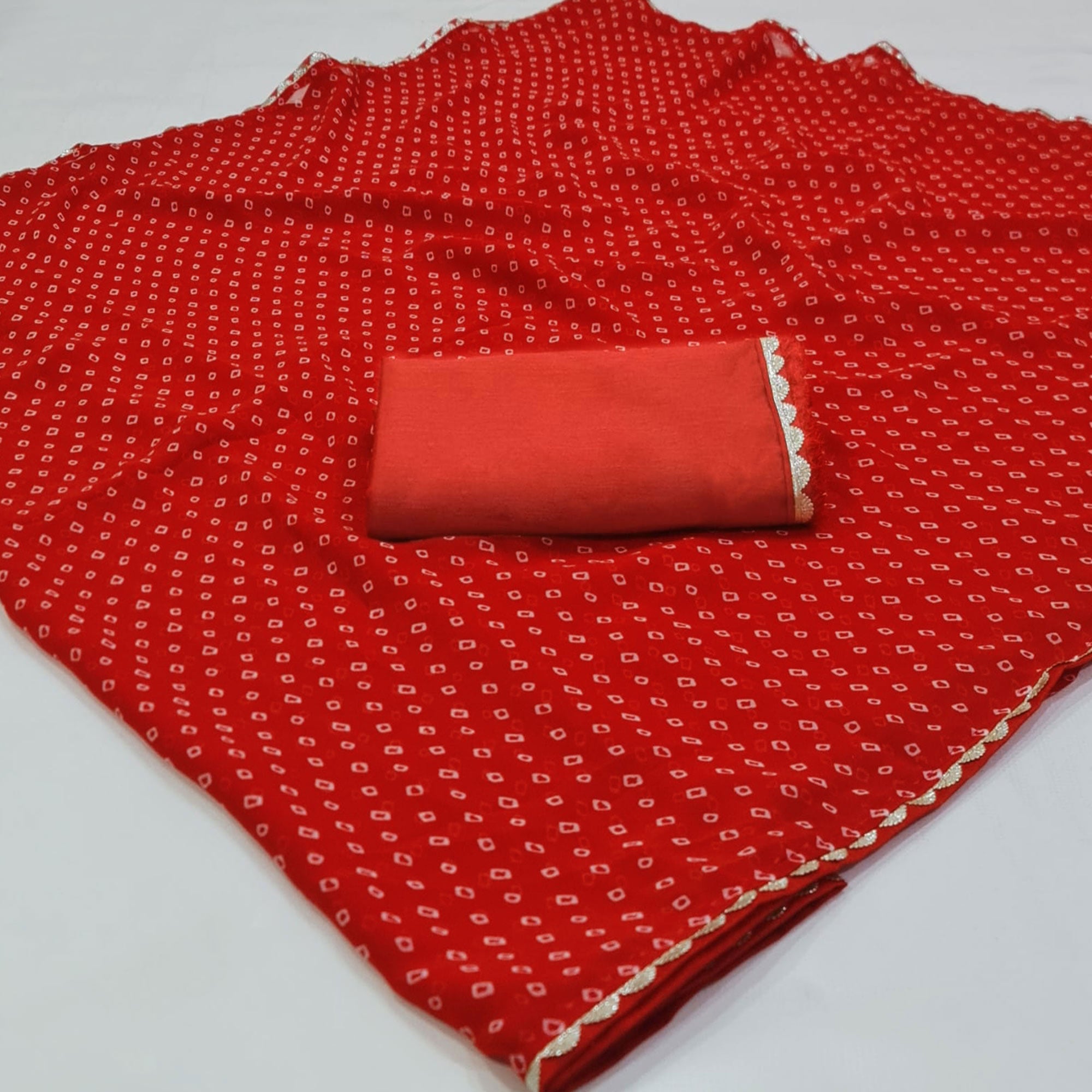 Red Bandhani Printed Georgette Saree