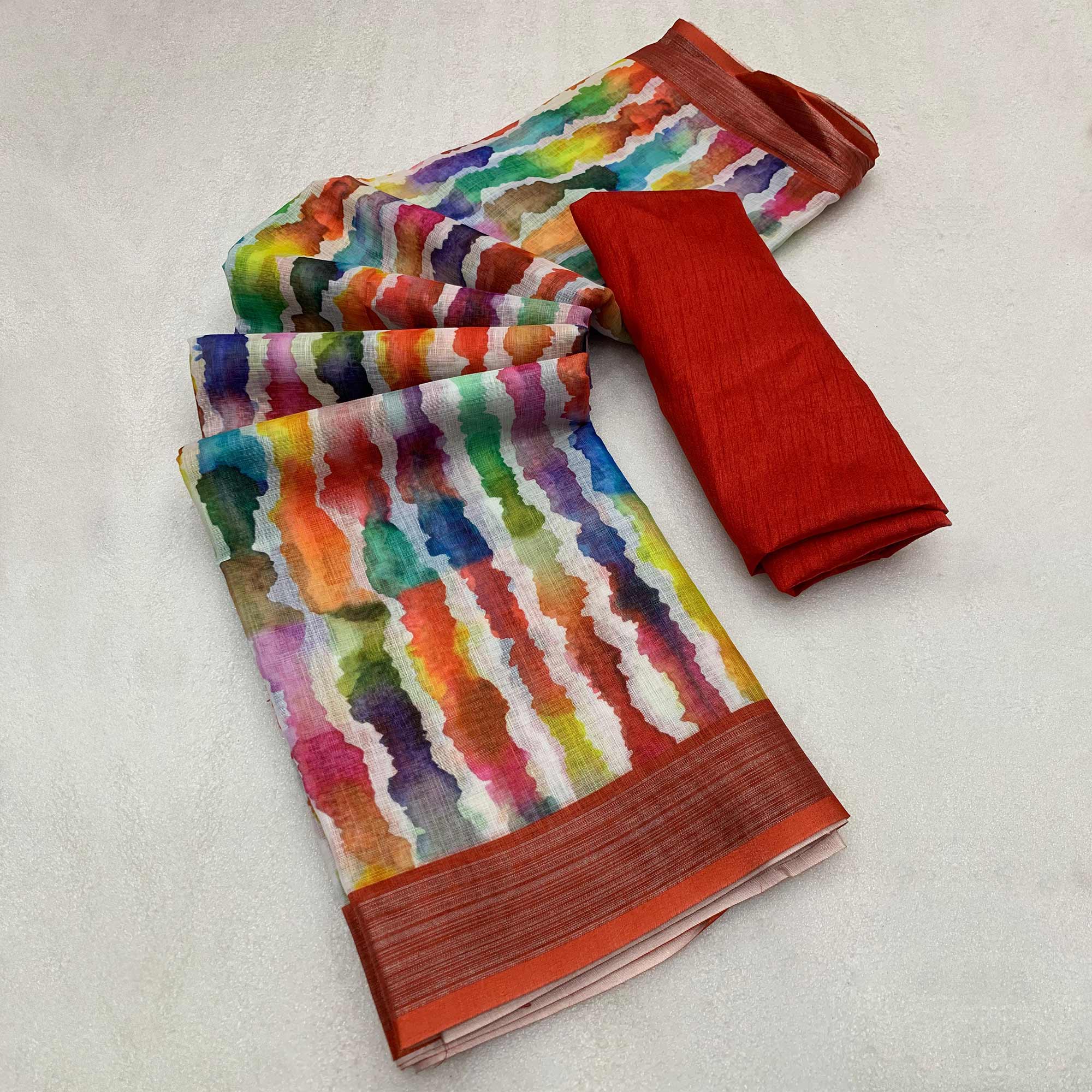 Multicolor Leheriya Printed Woven Linen Saree