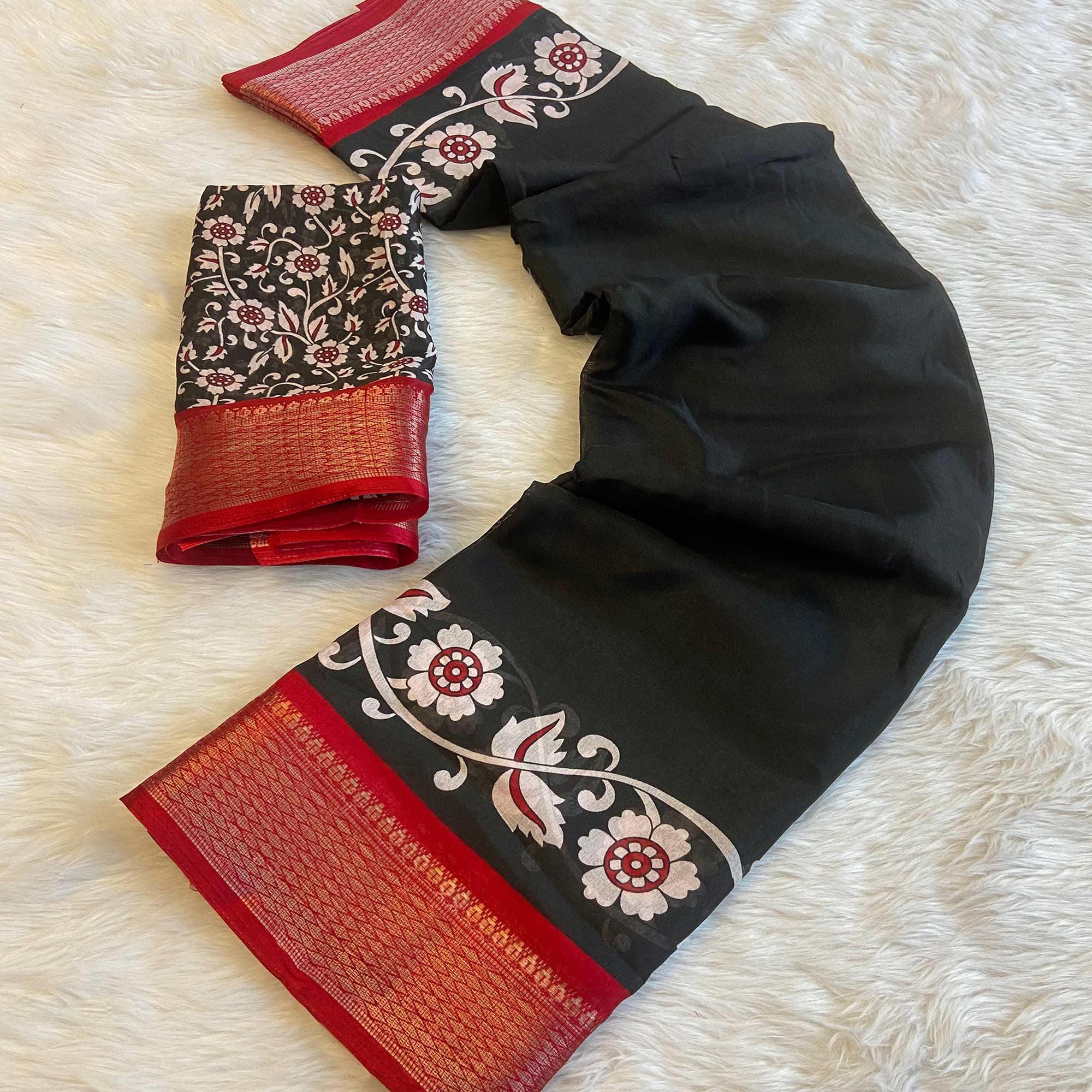 Black Floral Printed Dola Silk Saree With Zari Border