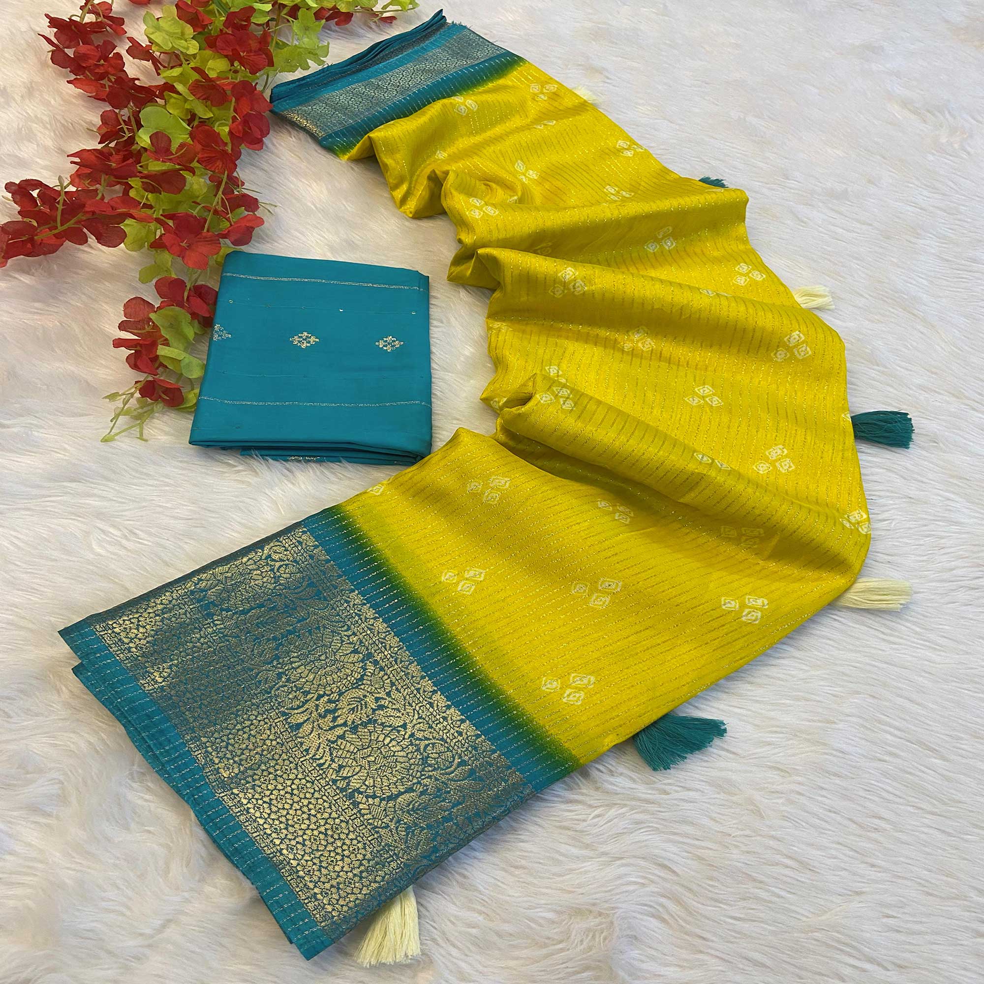 Yellow Bandhani Print Weaving Dola Silk Saree