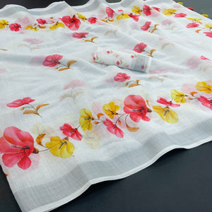 Elegant White Floral Printed Linen Cotton Saree With Delicate Tassel Detailing