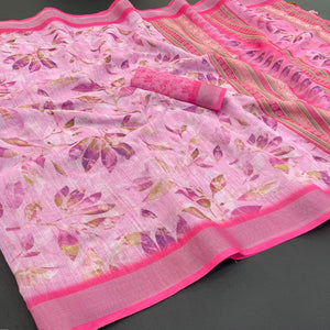 Charming Pink Floral Linen Cotton Saree Adorned With Elegant Tassel Detailing