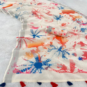 Cream Printed Linen Cotton Saree With Delicate Tassel Detailing