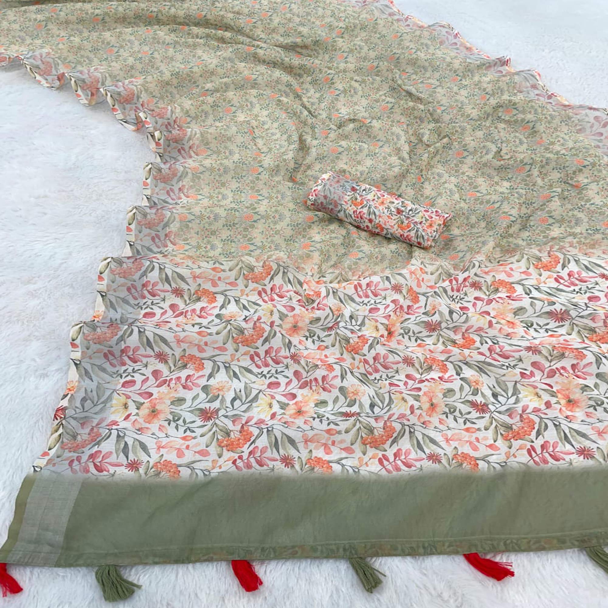 Pista Green Floral Printed Linen Cotton Saree With Delicate Tassel Detailing