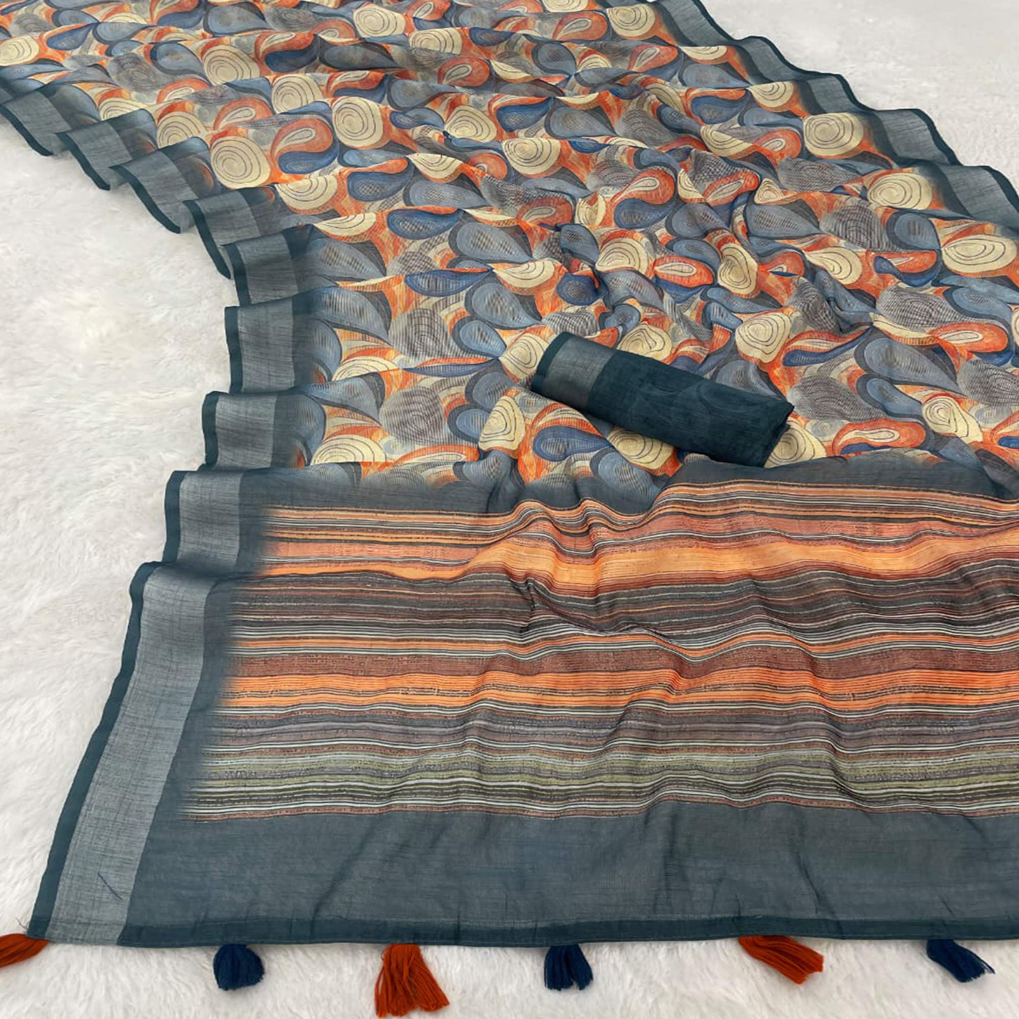 Multicolor Printed Linen Cotton Saree With Delicate Tassel Detailing