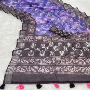 Purple Printed Linen Cotton Saree With Delicate Tassel Detailing
