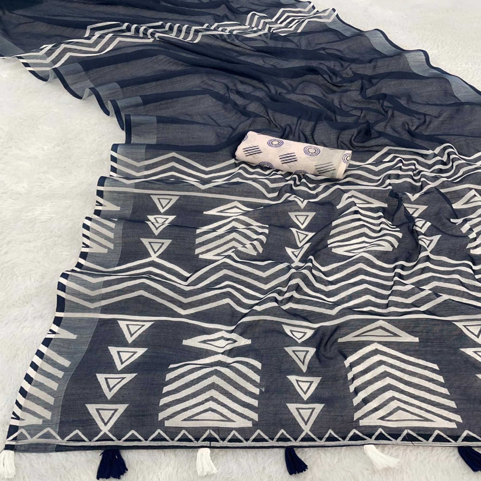 Blue Printed Linen Cotton Saree With Delicate Tassel Detailing