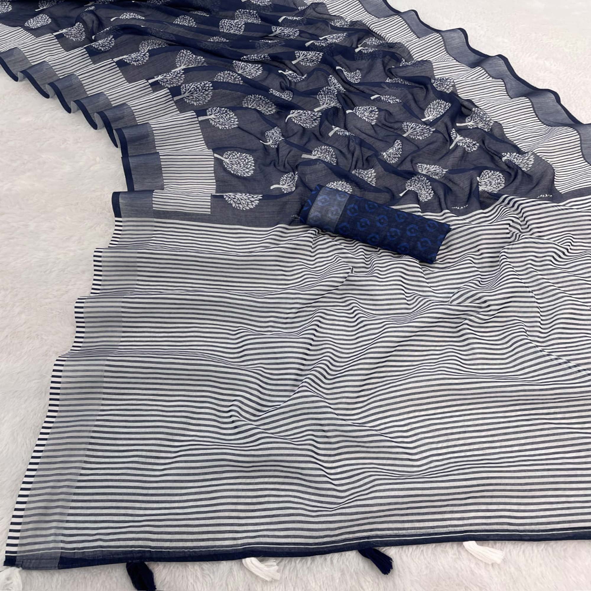 Blue Printed Linen Cotton Saree With Delicate Tassel Detailing