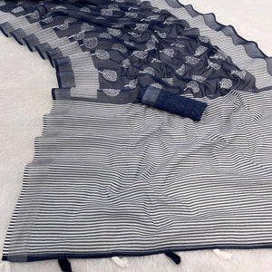 Blue Printed Linen Cotton Saree With Delicate Tassel Detailing