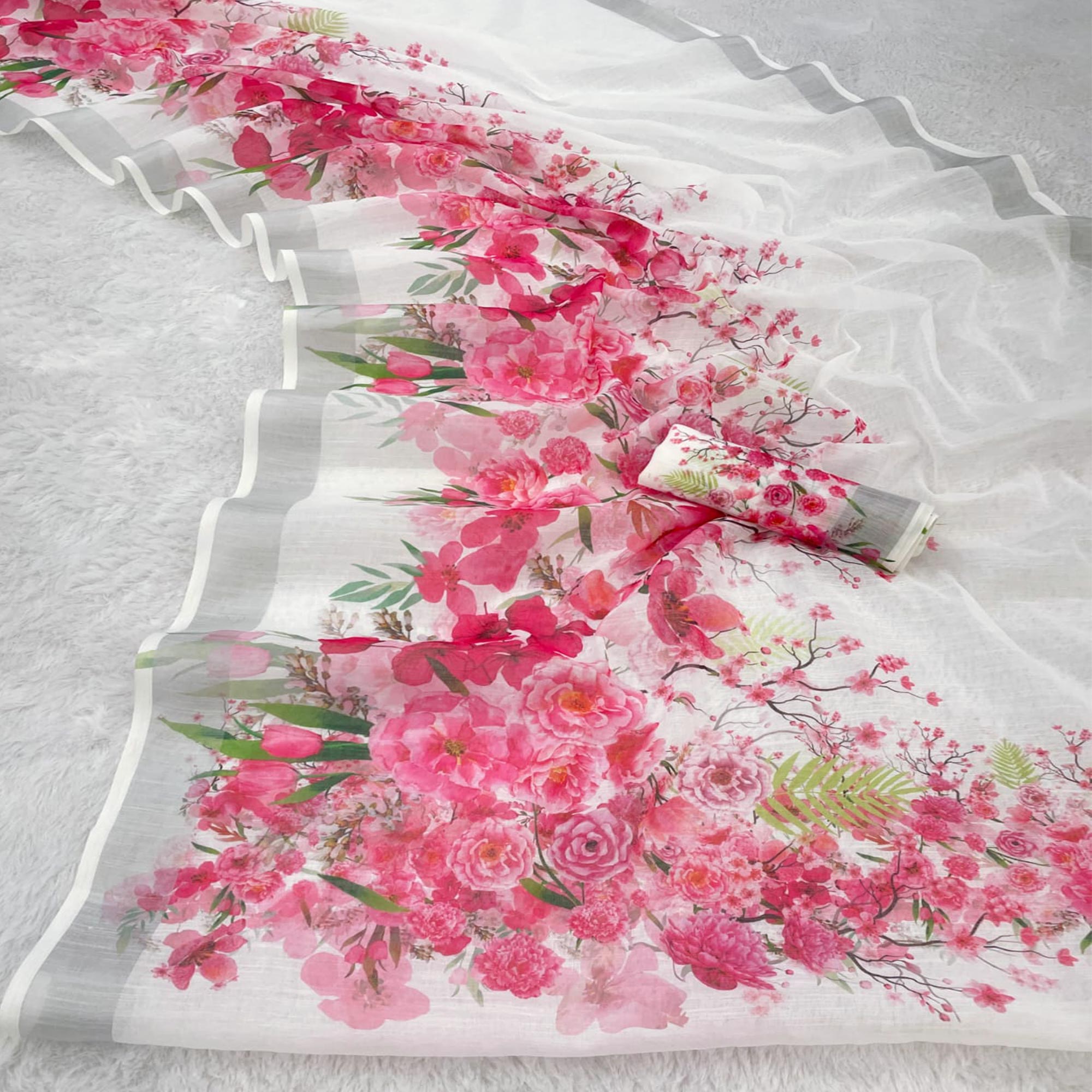 White Floral Printed Linen Cotton Saree With Delicate Tassel Detailing