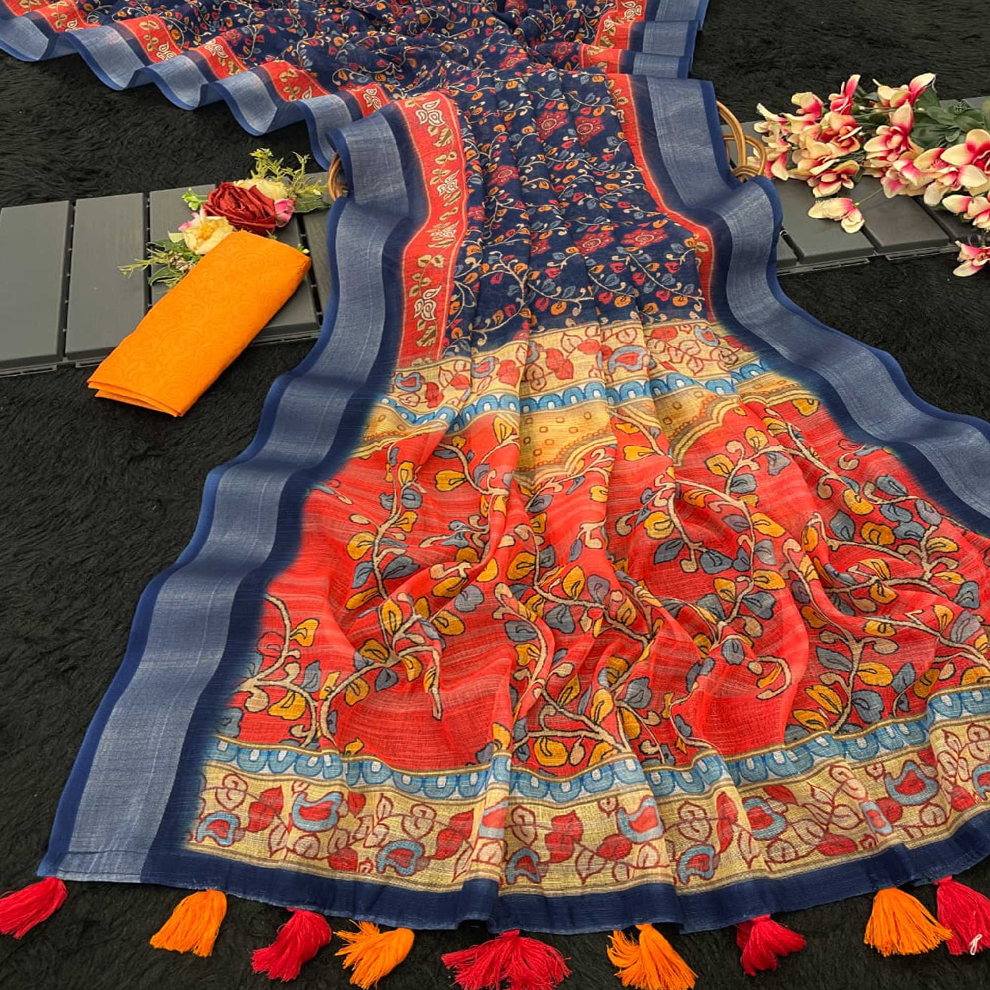 Blue Floral Printed Linen Cotton Saree With Delicate Tassel Detailing