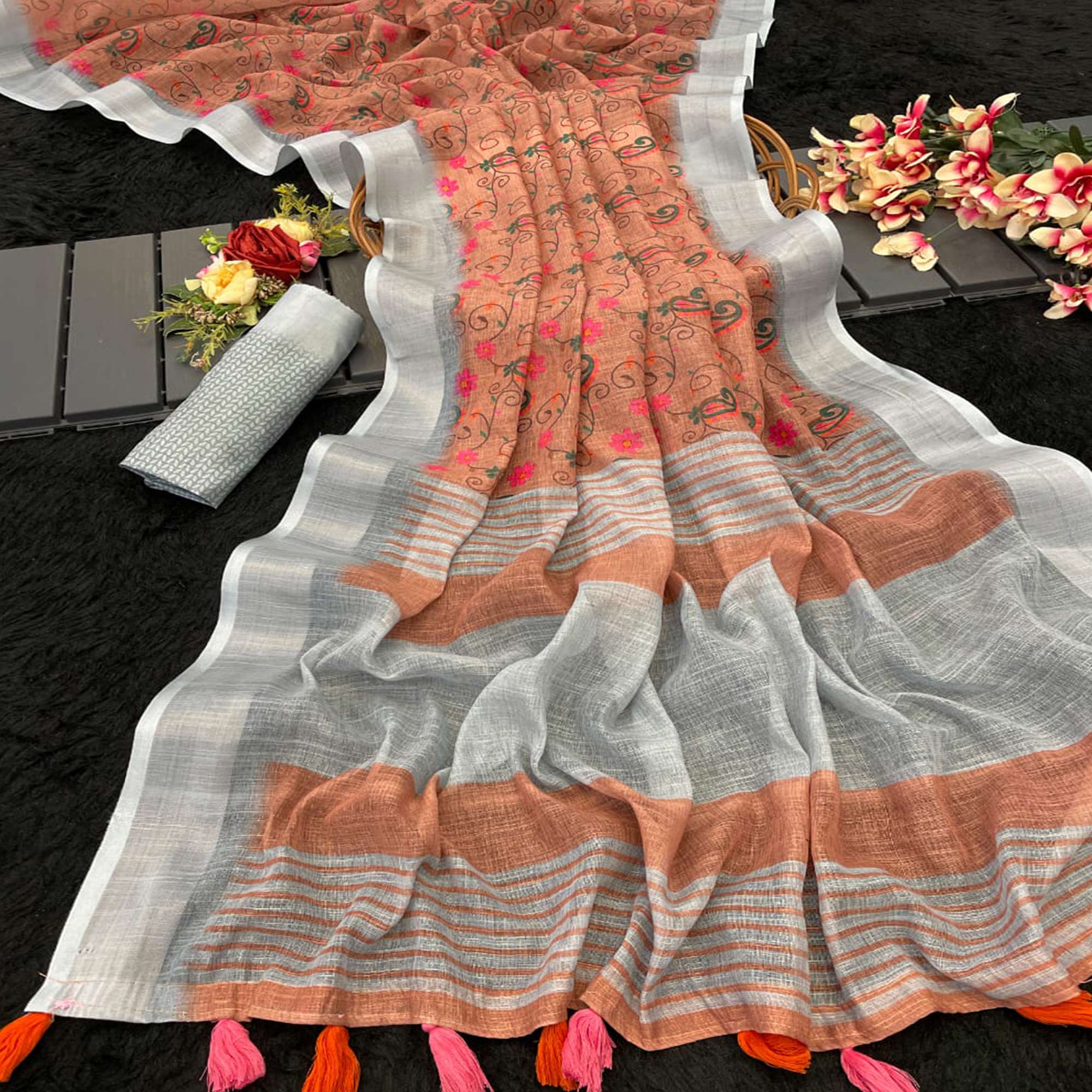 Dusty Peach Floral Printed Linen Cotton Saree With Delicate Tassel Detailing