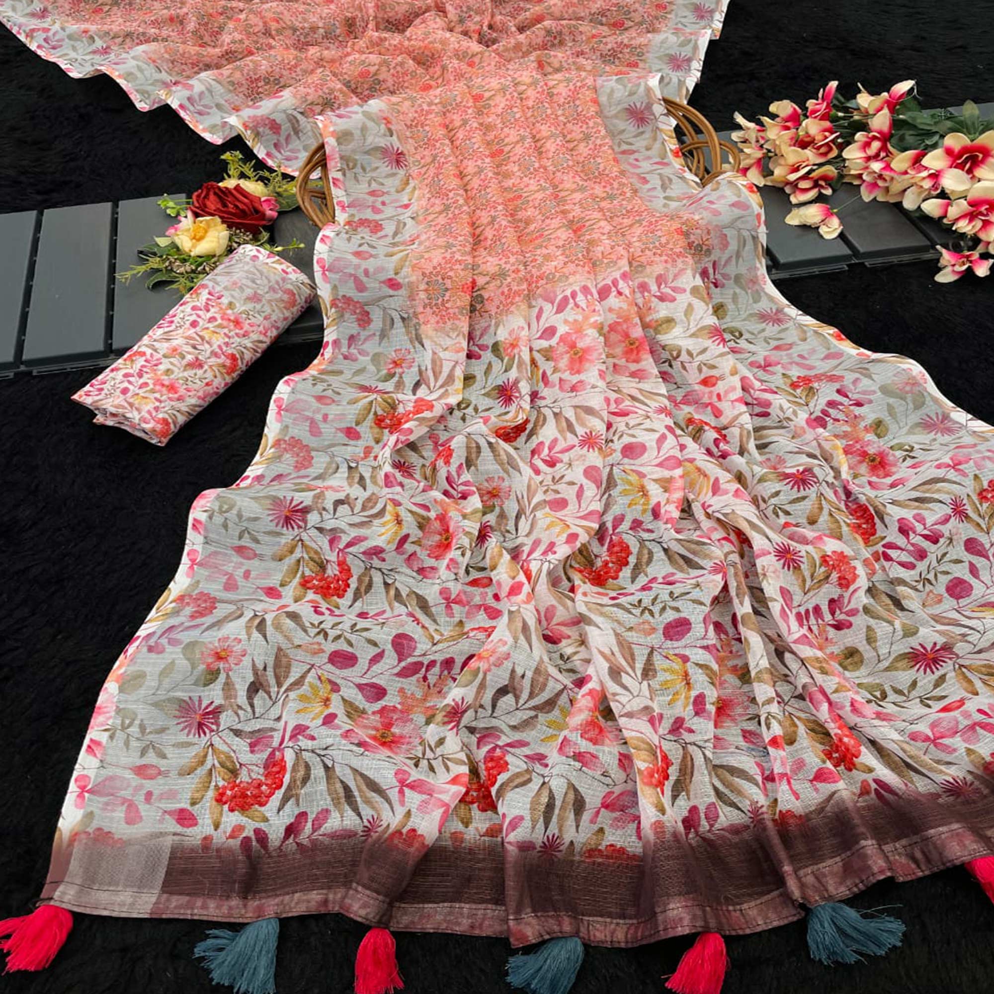 Peach Floral Printed Linen Cotton Saree With Delicate Tassel Detailing