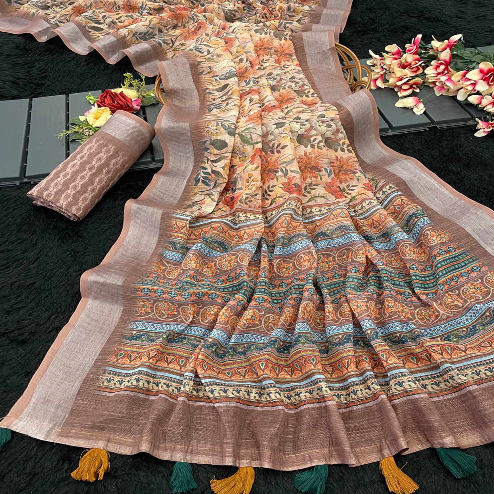 Light Taupe Floral Printed Linen Cotton Saree With Delicate Tassel Detailing