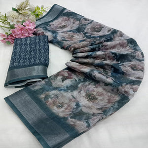 Grey Floral Digital Printed Linen Saree